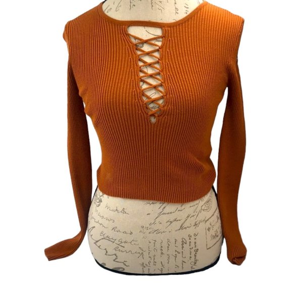 Forever 21 Orange Ribbed CrissCross Detailing Sweater Size S - Picture 1 of 5